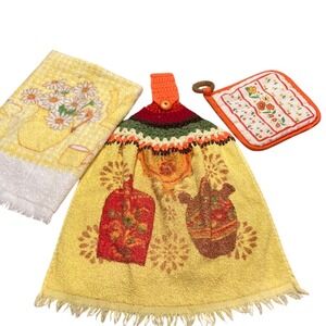 VTG‎ Cannon Colorful Kitchen Towel Set Floral Designs 1 Pot Holder Orange Yellow